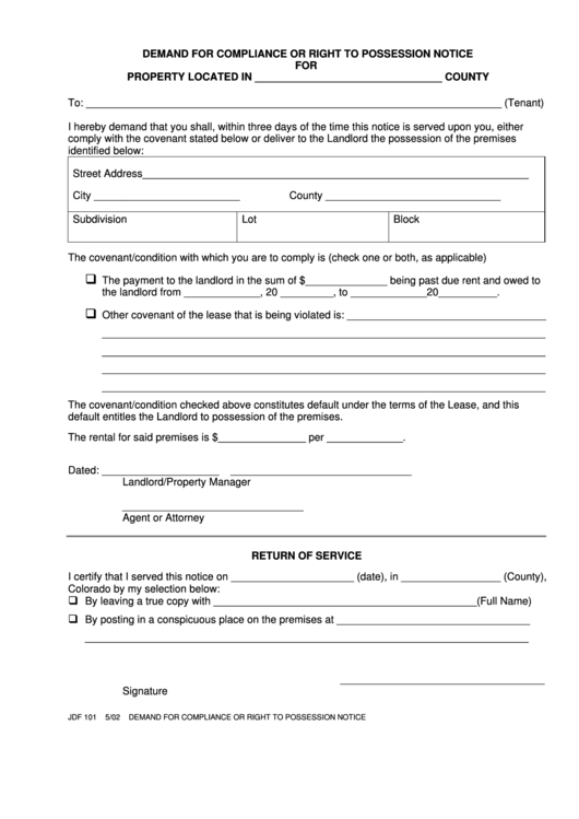 Fillable Form Jdf 101 - Demand For Compliance Or Right To Possession Notice Printable pdf