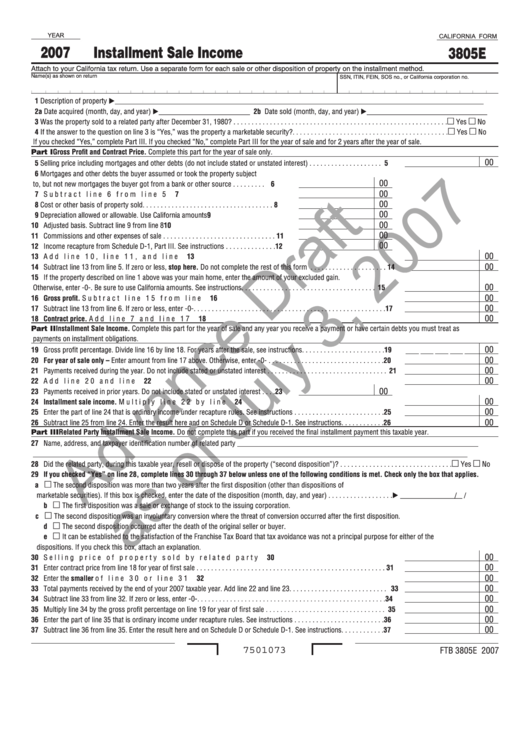 California Form 3805e Advance Draft - Installment Sale Income - 2007 Printable pdf