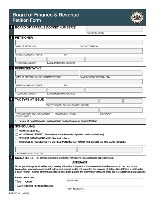 Fillable Form Bfr-003 - Pennsylvania Board Of Finance & Revenue - Petition Form Printable pdf