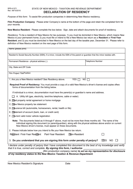 Form Rpd-41271 - Declaration Of Residency - New Mexico Taxation And Revenue Department Printable pdf