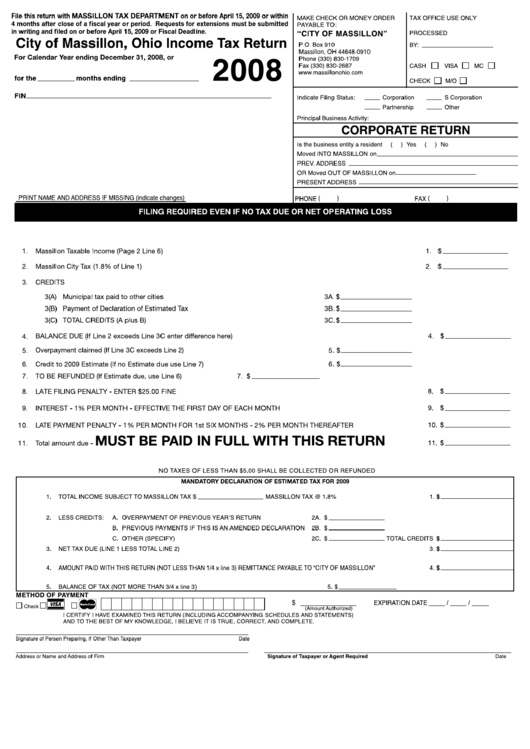 Ohio Income Tax Return - City Of Massillon - 2008 Printable pdf