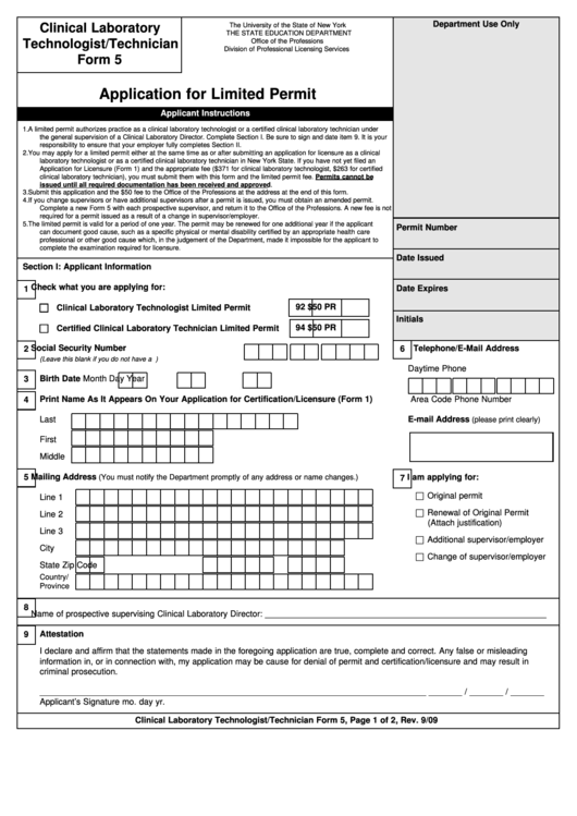 Clinical Laboratory Technologist/technician Form 5 - Application For Limited Permit Printable pdf
