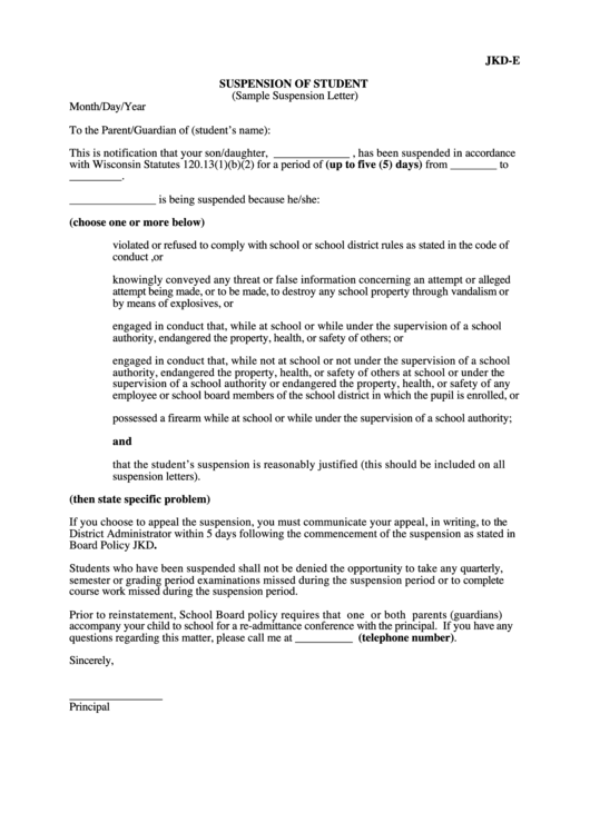 Form Jkd-E - Suspension Of Student - Sample Suspention Letter Printable pdf