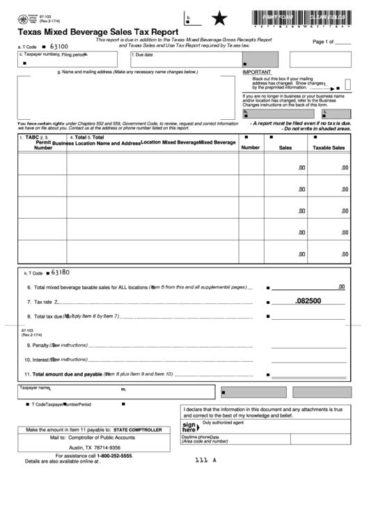 Fillable Form 67-103 - Texas Mixed Beverage Sales Tax Report Printable pdf