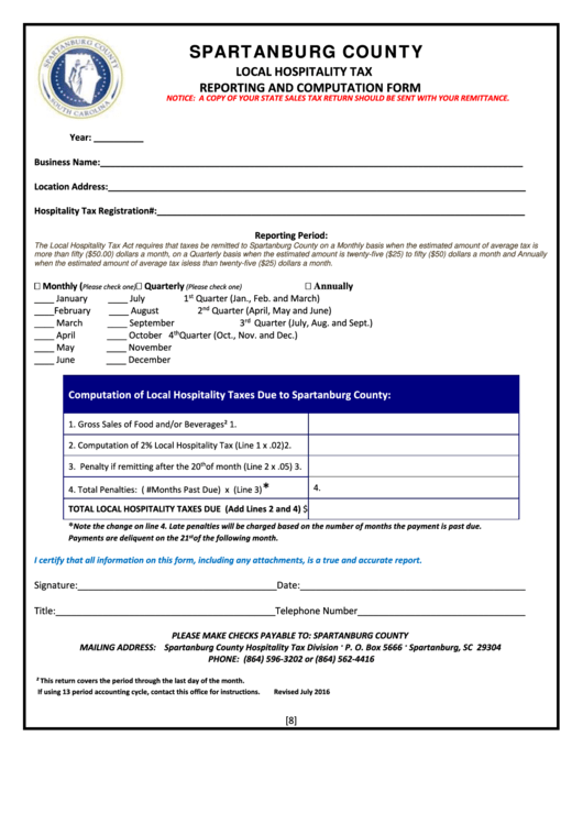 Local Hospitality Tax Reporting And Computation Form - Spartanburg County - 2016