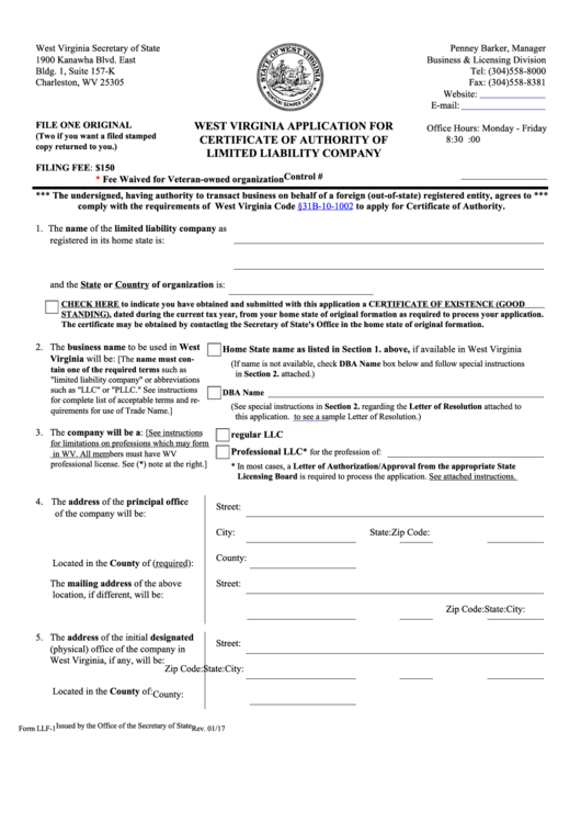 Fillable Form Llf-1 - West Virginia Application For Certificate Of Authority Of Limited Liability Company - 2017 Printable pdf