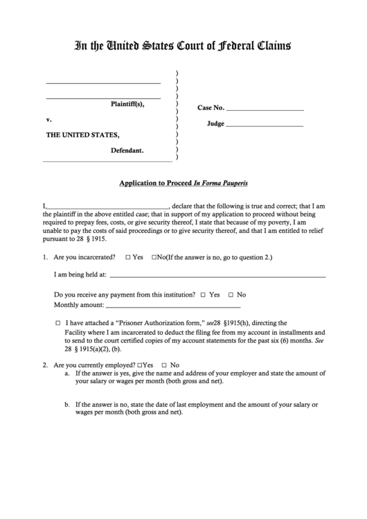 Fillable Application To Proceed In Forma Pauperis - United States Court Of Federal Claims Printable pdf
