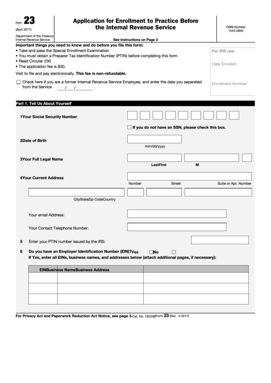 Fillable Form 23 - Application For Enrollment To Practice Before The Internal Revenue Service - 2017 Printable pdf