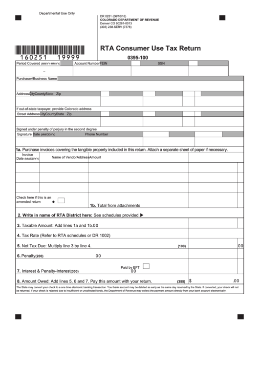 Fillable Form Dr 0251 - Rta Consumer Use Tax Return Printable pdf