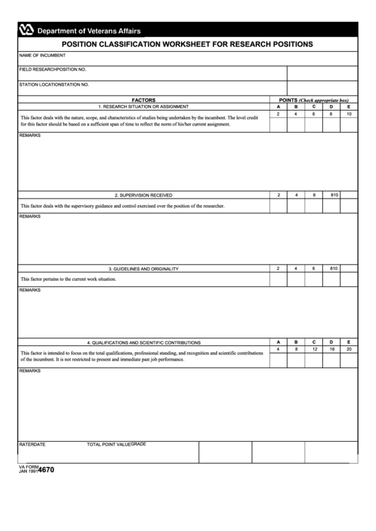 Fillable Form 4670 - Position Classification Worksheet For Research Positions Printable pdf