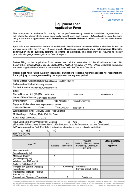 Fillable Form Fm-7-301 - Equipment Loan Application Form Printable pdf