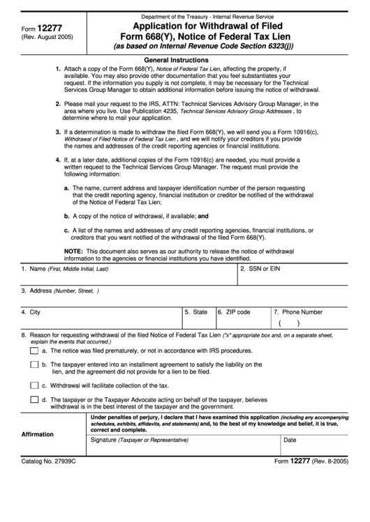 Fillable Form 12277 - Application For Withdrawal Of Filed Form 668(Y), Notice Of Federal Tax Lien Printable pdf