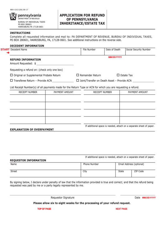 Fillable Form Rev-1313 - Application For Refund Of Pennsylvania Inheritance/estate Tax Printable pdf