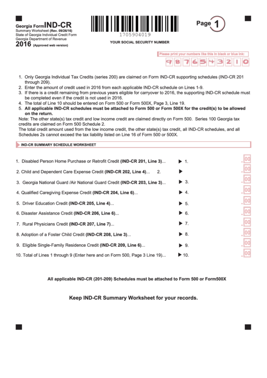 Fillable Form Ind-Cr - Summary Worksheet - Individual Credit Form - Georgia Department Of Revenue - 2016 Printable pdf