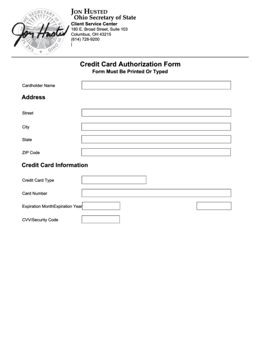Fillable Credit Card Authorization Form - Ohio Secretary Of State Printable pdf