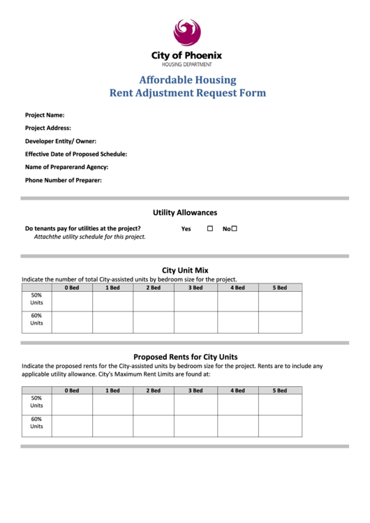 Fillable Affordable Housing Rent Adjustment Request Form - City Of Phoenix Printable pdf