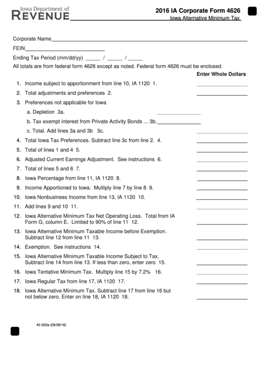 Ia Form 4626 - Iowa Alternative Minimum Tax - 2016 Printable pdf