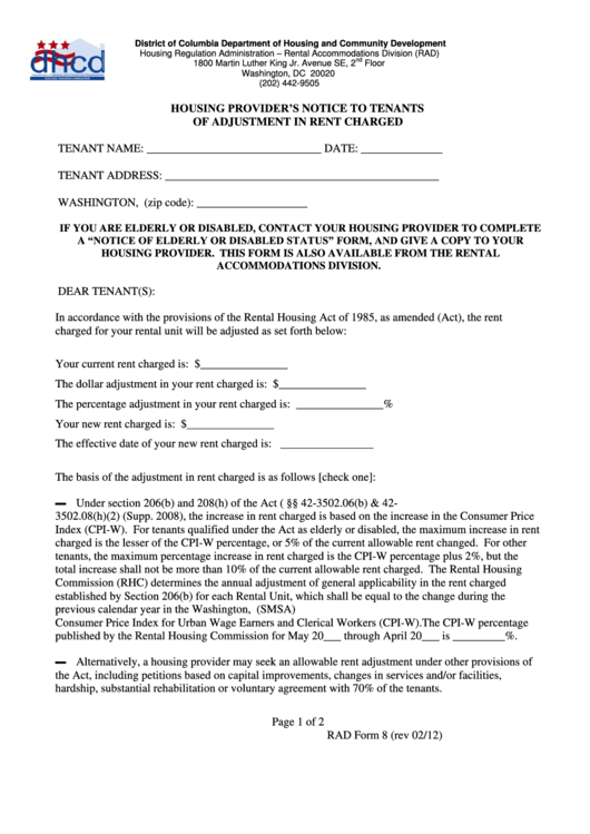 Rad Form 8 - Housing Provider's Notice To Tenants Of Adjustment In Rent Charged