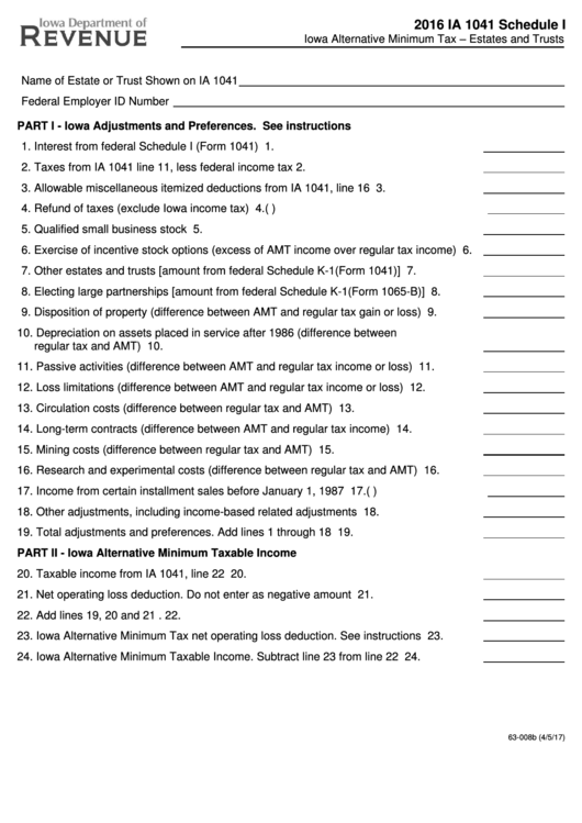 Fillable Ia Form 1041 Schedule I - Iowa Alternative Minimum Tax - Estates And Trusts - 2016 Printable pdf