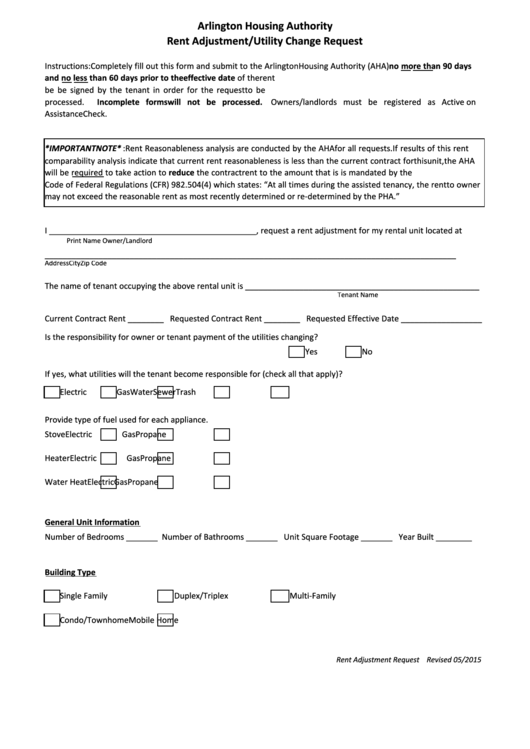 Rent Adjustment/utility Change Request - Arlington Housing Authority Printable pdf