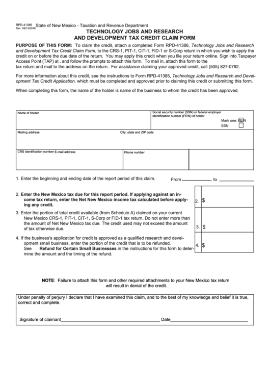 Form Rpd-41386 - Technology Jobs And Research And Development Tax Credit Claim Form - 2016 Printable pdf