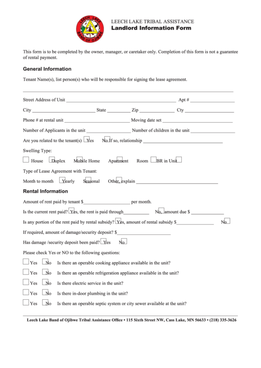 Landlord Information Form - Leech Lake Band Of Ojibwe Tribal Assistance Office Printable pdf