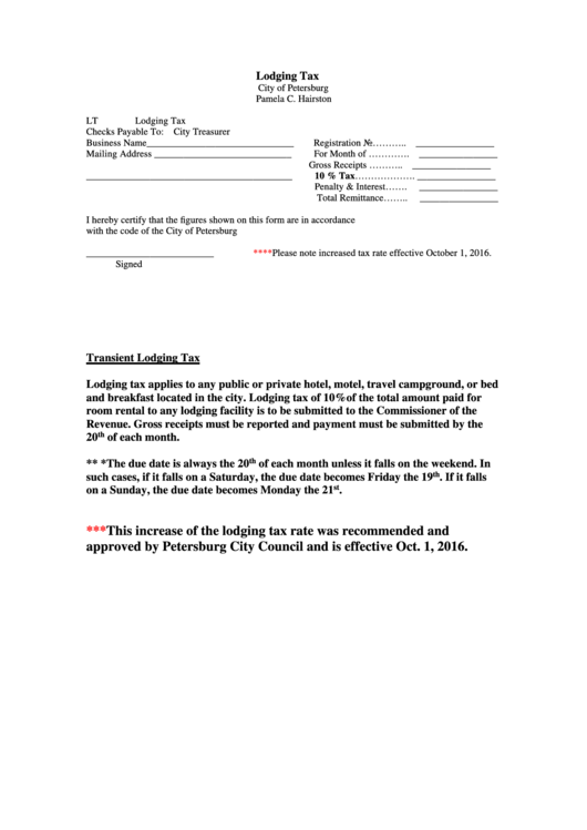 Lodging And Meals Tax City Of Petersburg printable pdf download