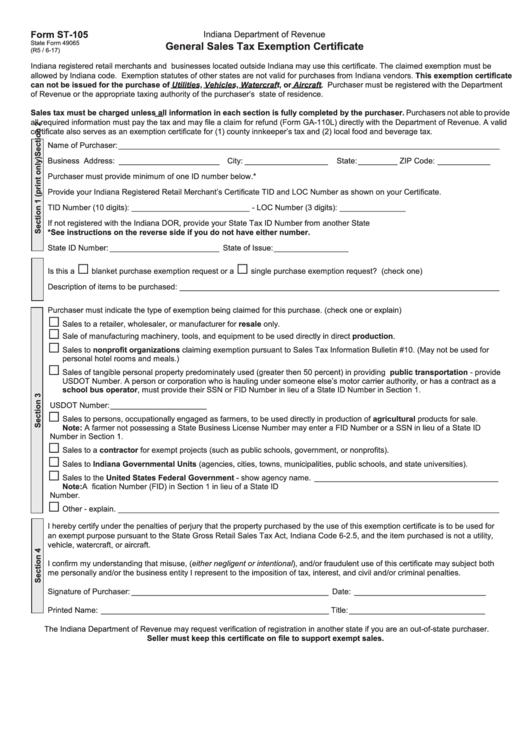 Fillable Form St-105 - General Sales Tax Exemption Certificate - Indiana Department Of Revenue Printable pdf