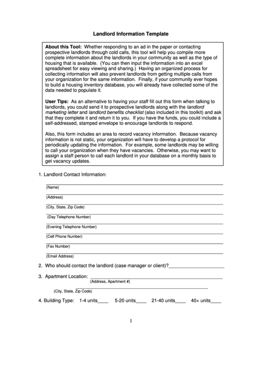 Landlord Information Template Printable pdf
