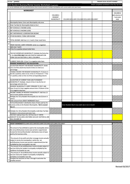 Cca Resident Business/rental Income Worksheet Printable pdf
