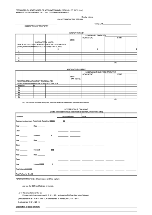 Fillable Form 17t - Indiana County Tax Refund - 2014 Printable pdf