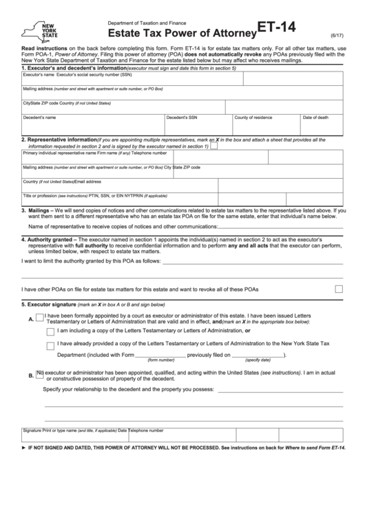 Form Et-14 - Estate Tax Power Of Attorney - New York State Department Of Taxation Printable pdf