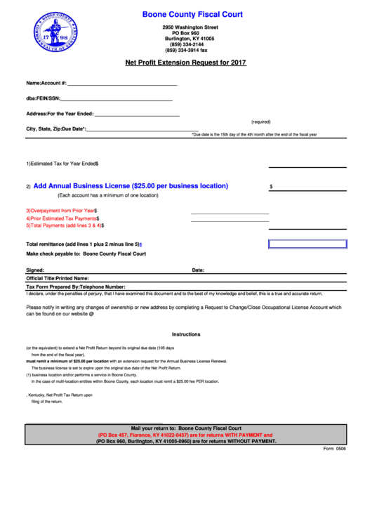 Fillable Form 0506 - Net Profit Extension Request - Boone County Fiscal Court - 2017 Printable pdf