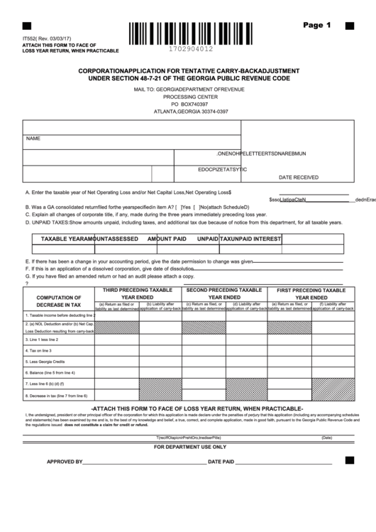 Form It 552 - Corporation Application For Tentative Carry-back Adjustment Under Section 48-7-21 Of The Georgia Public Revenue Code - 2017