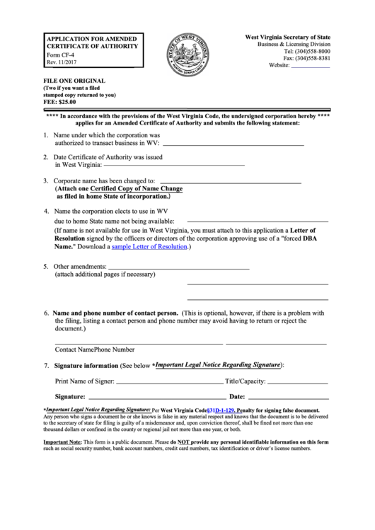 Fillable Form Cf-4 - Application For Amended Certificate Of Authority - 2017 Printable pdf
