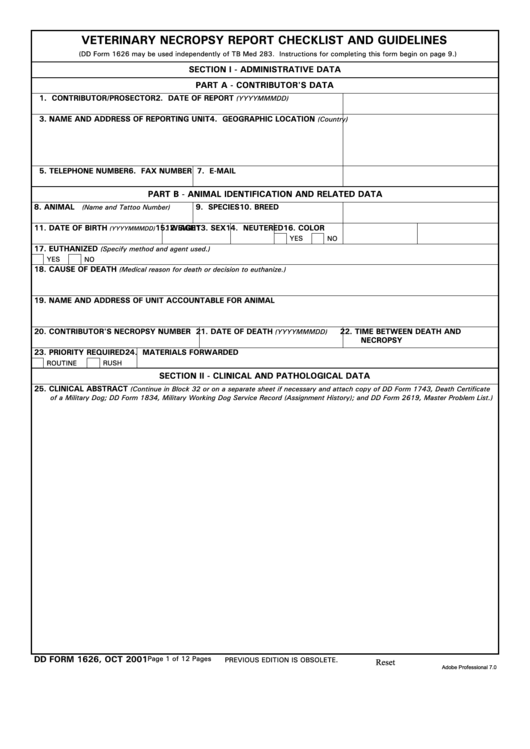 Fillable Dd Form 1626 - Veterinary Necropsy Report Checklist And Guidelines Printable pdf