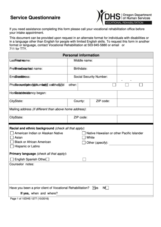 Form Dhs 1277 - Service Questionnaire