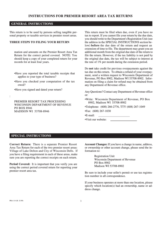 Form Pra-114 - Instructions For Premier Resort Area Tax Returns - Wisconsin Department Of Revenue - 1999 Printable pdf