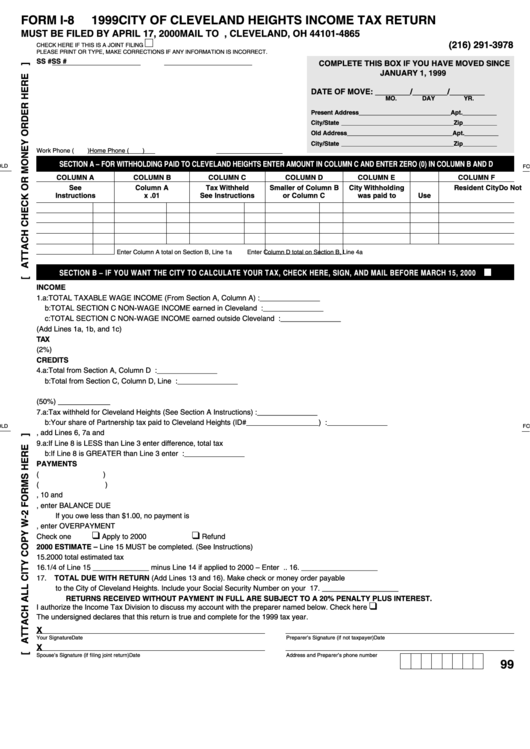 Form I-8 - 1999 City Of Cleveland Heights Income Tax Return Printable pdf