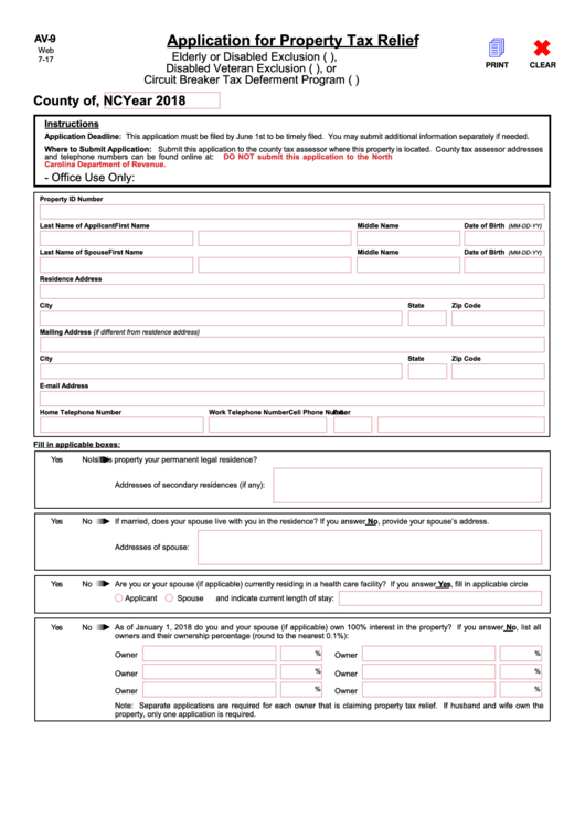 Form Av-9 - Application For Property Tax Relief - 2018
