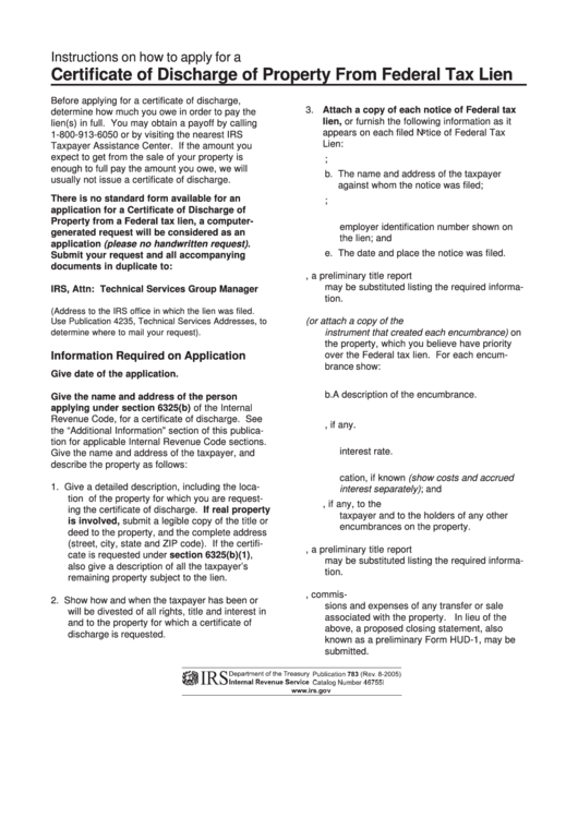Instructions On How To Apply For A Certificate Of Discharge Of Property From Federal Tax Lien Printable pdf