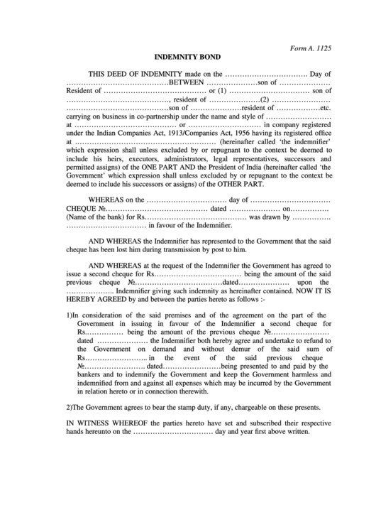 Form A. 1125 - Indemnity Bond Printable pdf
