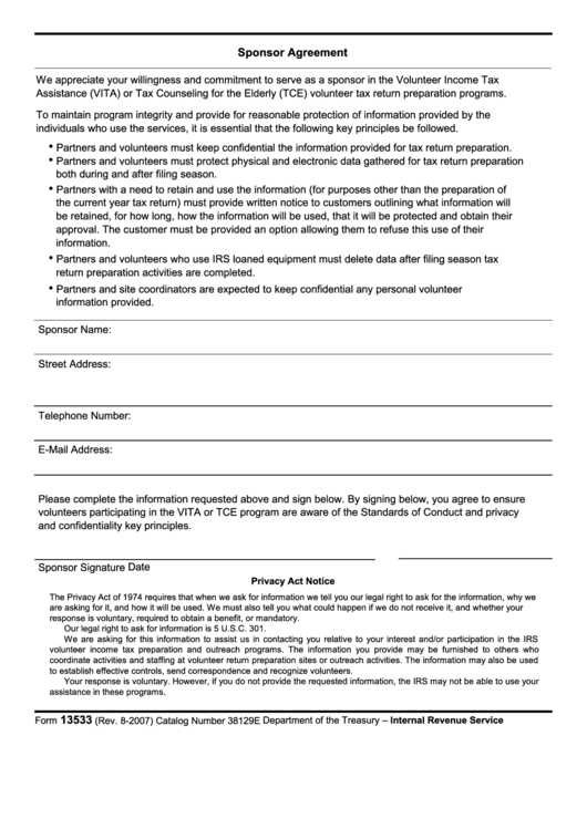 Fillable Form 13533 - Sponsor Agreement Printable pdf