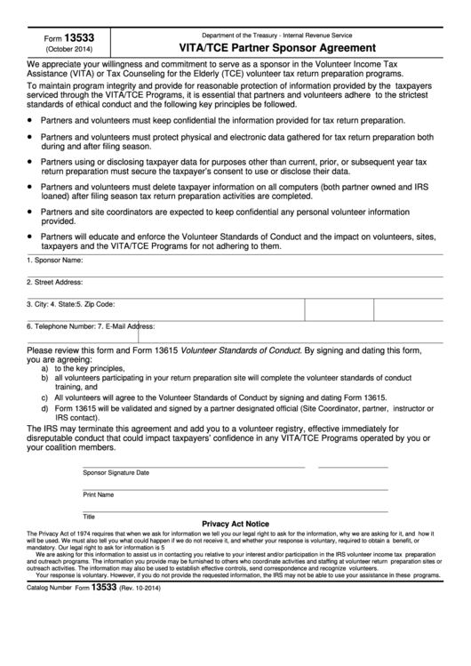 Fillable Form 13533 - Vita/tce Partner Sponsor Agreement Printable pdf