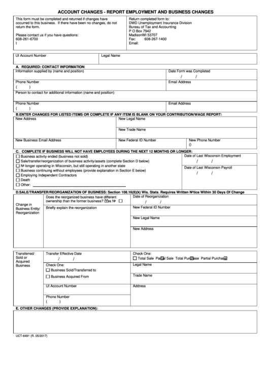 Form Uct-6491 - Account Changes - Report Employment And Business Changes