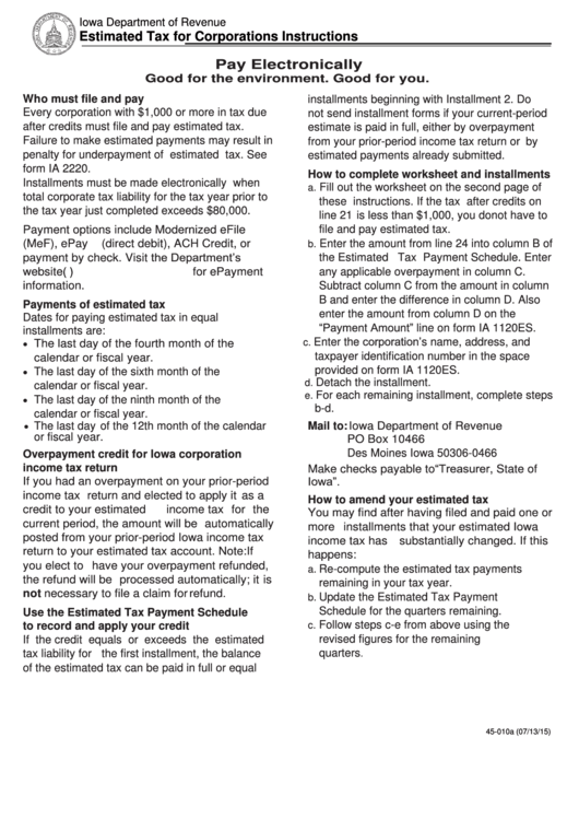 Fillable Form 45-010 - Corporation Estimated Income Worksheet - 2015 Printable pdf