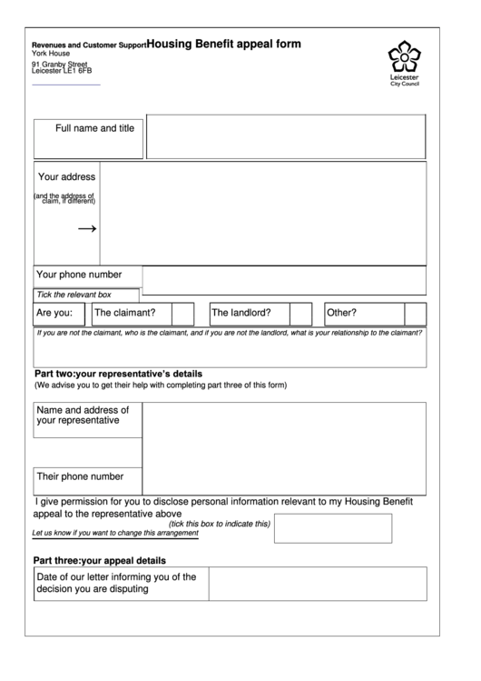 Housing Benefit Appeal Form Printable pdf