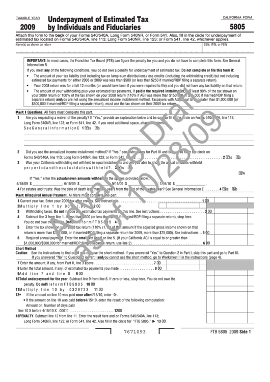 Form 5805 Advance Draft - Underpayment Of Estimated Tax By Individuals And Fiduciaries - 2009 Printable pdf