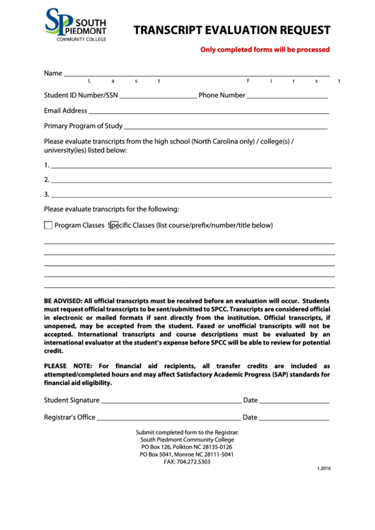 Transcript Evaluation Request - South Piedmont Community College Printable pdf