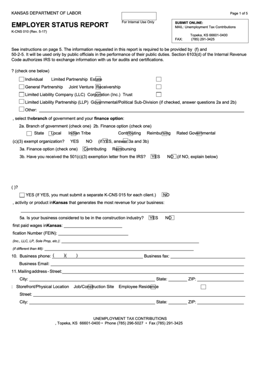 Fillable Form K-Cns 010 - Employer Status Report - Kansas Department Of Labor - 2017 Printable pdf